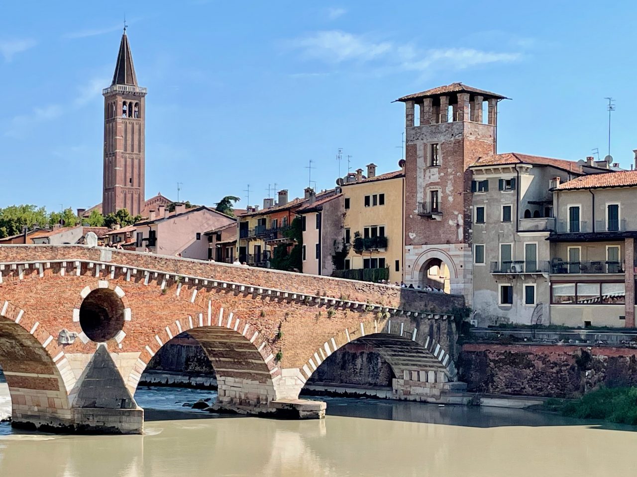 This shows the old city of Verona from the other side of the river