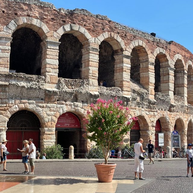 Picture shows the beautiful outside facade of the Arena di Verona