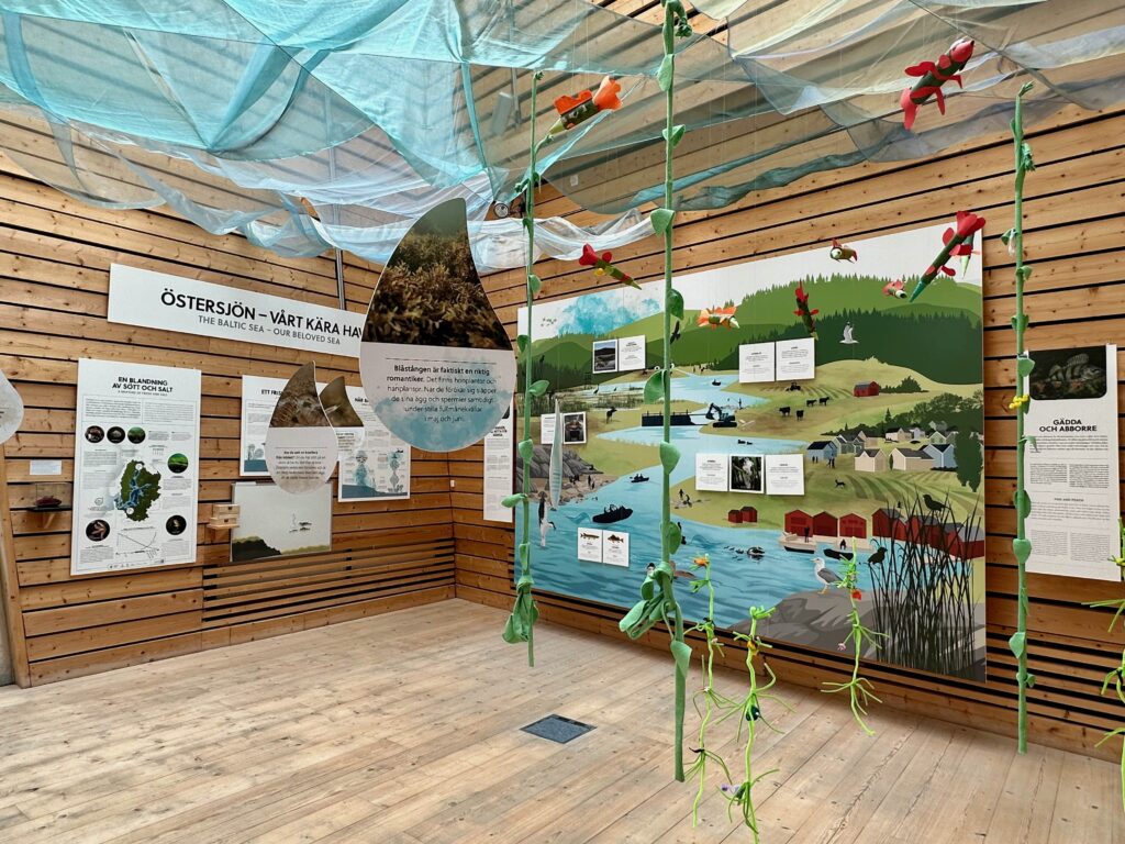 One of the fully wheelchair accessible displays at Natura showing a large picture of the area and plants suspended from the ceiling