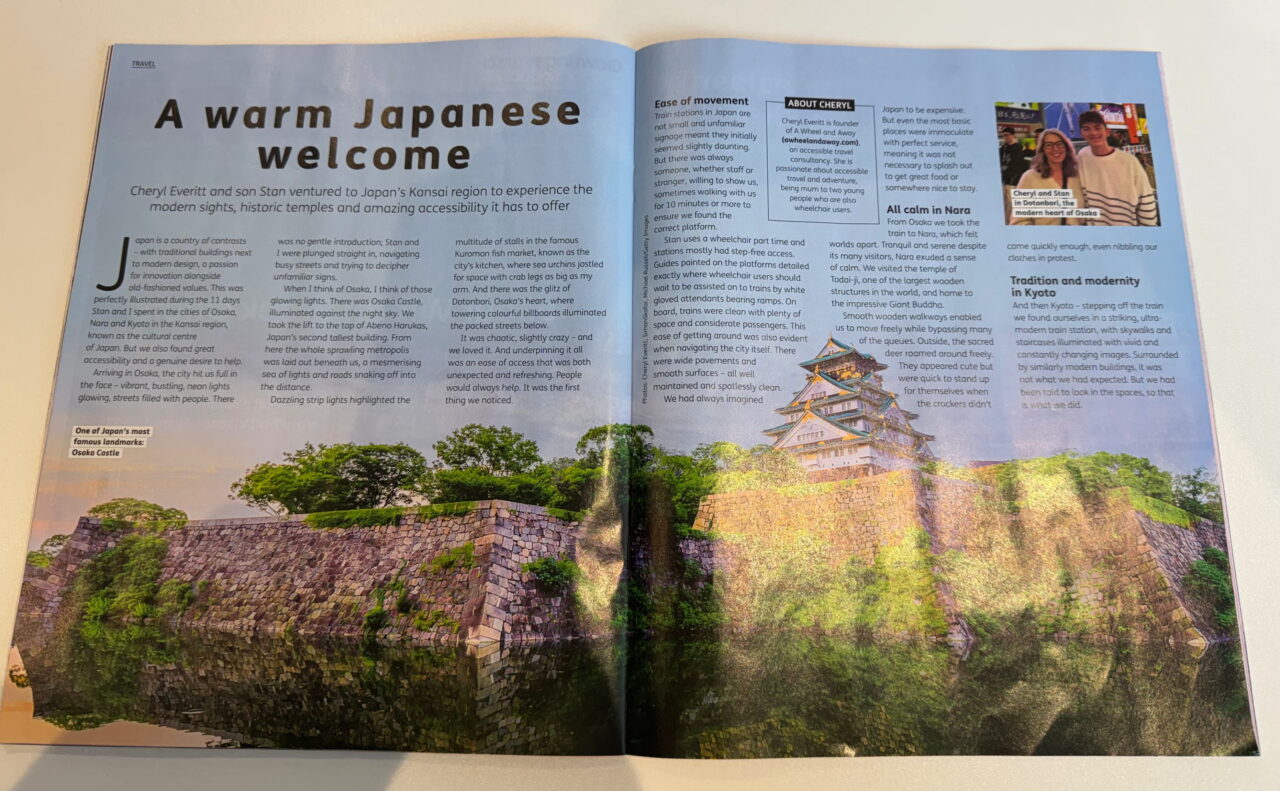 Photo of an article in a magazine detailing an accessible trip to Japan. The image shows Osaka Castle a stunning white traditional Japanese building.