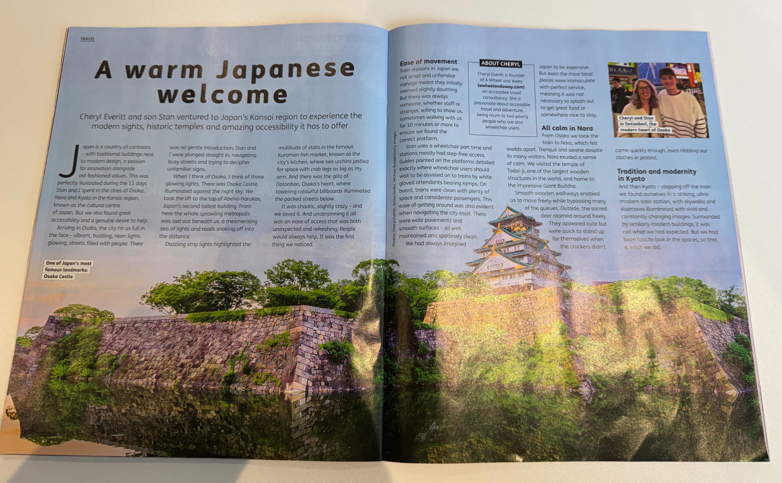 Photo of an article in a magazine detailing an accessible trip to Japan. The image shows Osaka Castle a stunning white traditional Japanese building.